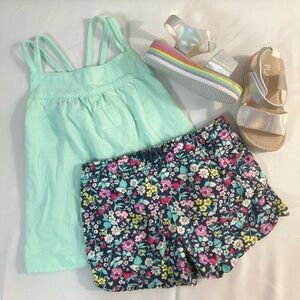 Carter's Mint Green Top and Floral Shorts Set with Silver Sandals